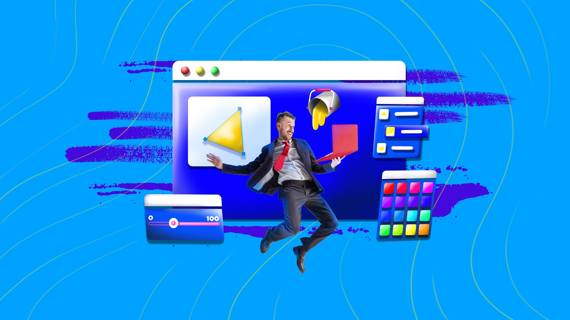Web and graphic designer. Man working on laptop, creating and customizing web page design. Contemporary art collage.
